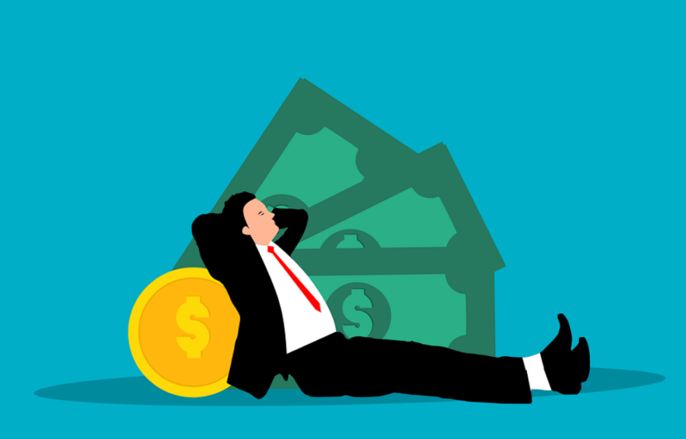 Illustrated man in suit sitting back gainst pile of money concept