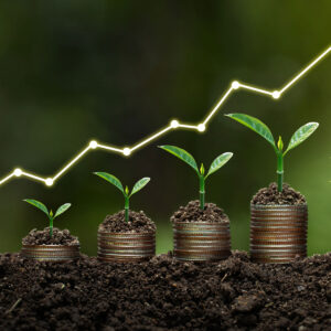 Light bulb is located on soil. plants grow on stacked coins Renewable energy generation is essential for the future. Renewable energy-based green business can limit climate change and global warming.