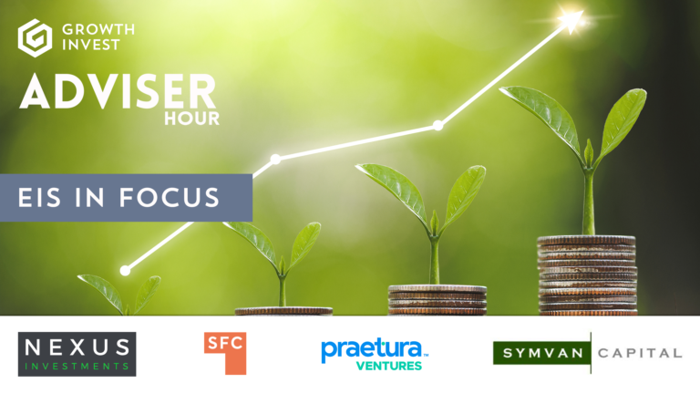 Adviser Hour Title - EIS In Focus with image of saplings on ascending piles of coins and 4 brand logos beneath