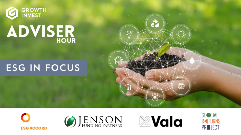 Adviser Hour Title - ESG In Focus with background image of a pair of hands cupping soil with a new shoot growing out of it with illustrative icon graphics overlayed and a blurred grass backround behind and 4 brand logos below