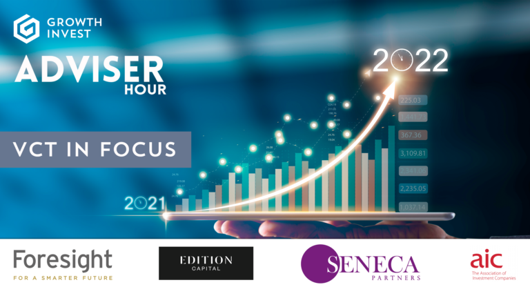 Adviser Hour Title - VCT In Focus with background image of an ascending bar chart graphic overlayed on a tablet held up by a hand and 4 brand logos below