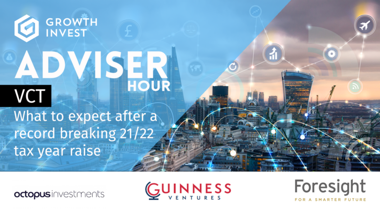 Adviser Hour Title - VCT What to expect after a record breaking 21-22 tax year raise with a cityscape with overlayed graphics and 3 brand logos beneath