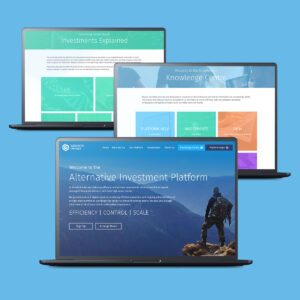 GrowthInvest website pages on 3 laptop screens