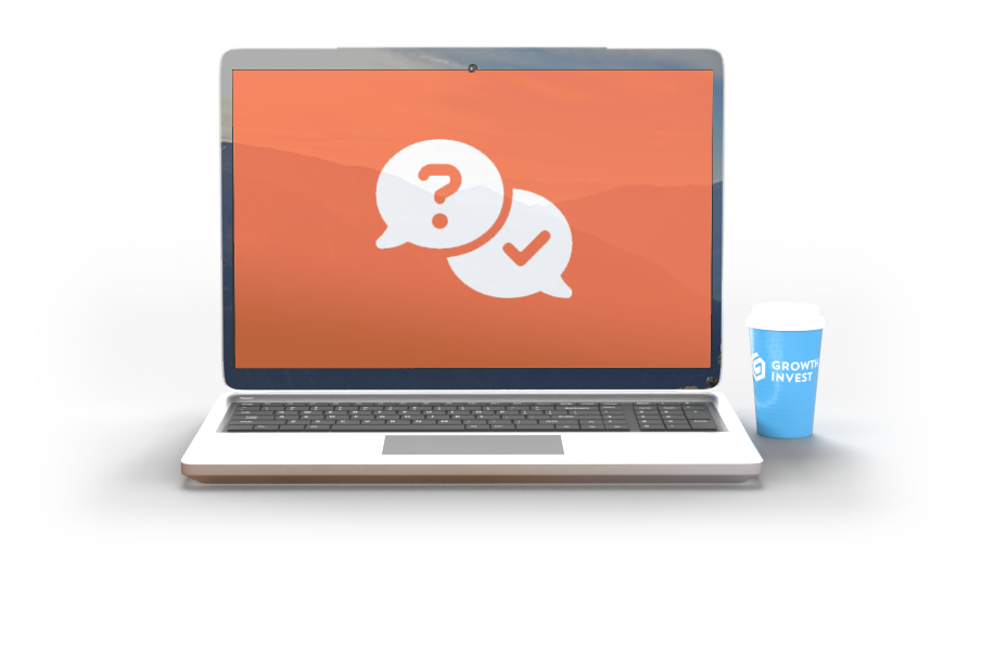 Laptop with orange screen and white icons depicting question mark and tick mark in speach bubbles, with a coffee GrowthInvest coffe cup nearby