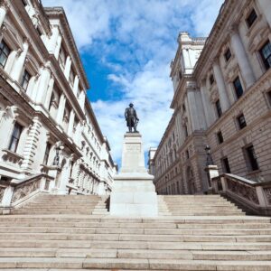 Statue between the Churchill War Rooms and HM Treasury Building