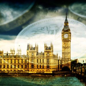 Famous London Tourist attraction Big Ben and the Houses of Parliament in England, with stacks of English Pound coins. Concept image suggesting money and government finances.