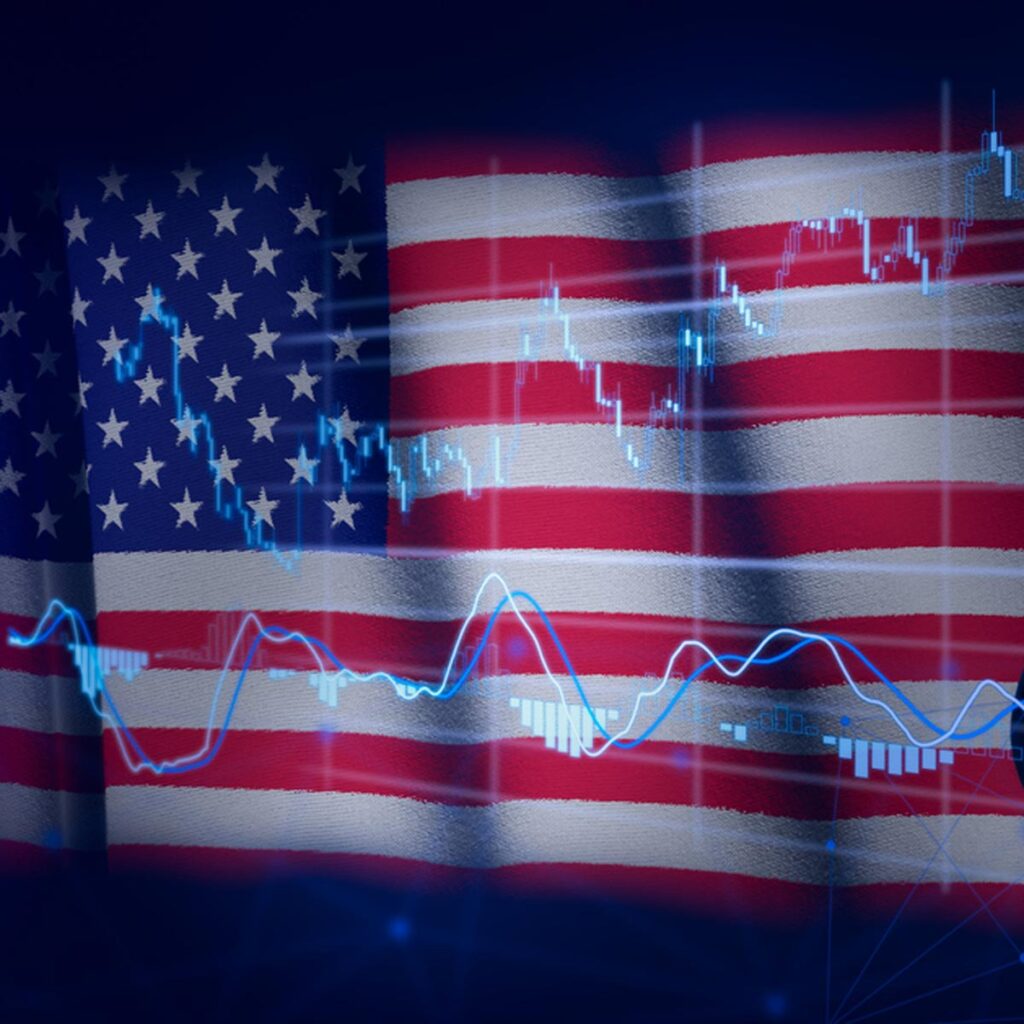 Data analytics charts over American flag