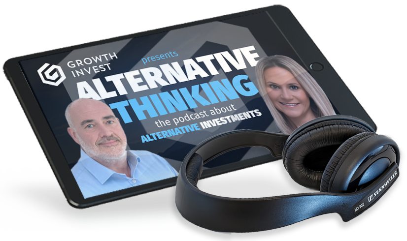Ipad with earphones showing Alternative Thinking podcast